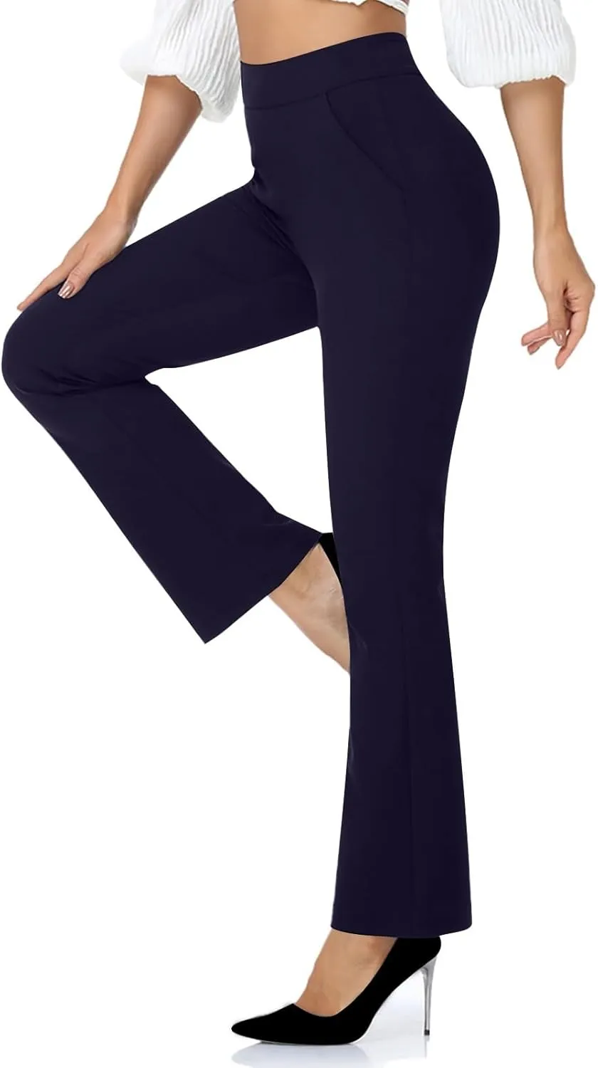 High Waisted Dress Pants for Women Bootcut Elastic Waist Pull On Work Slacks Stretchy Trousers Flared Yoga Leggings