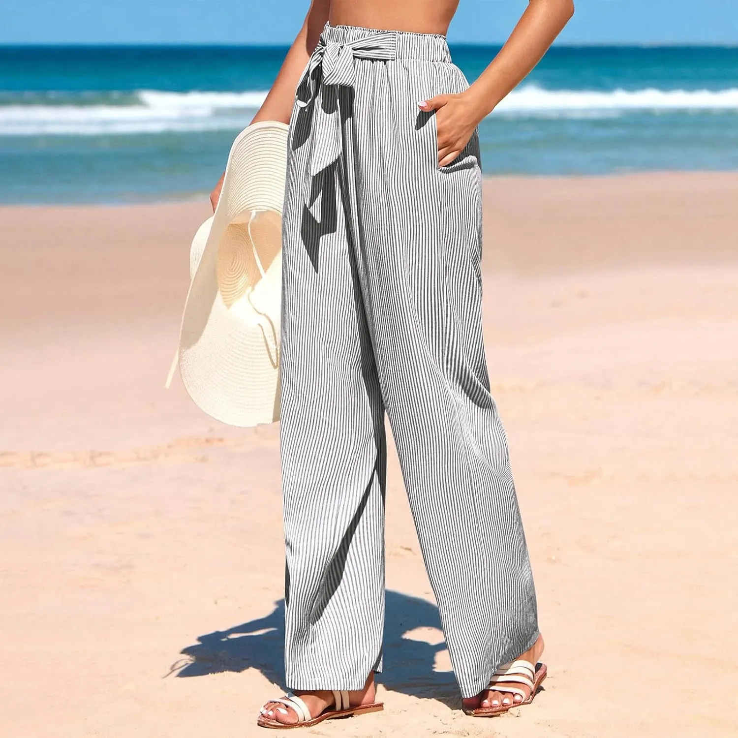 High Waisted Palazzo Pants for Women Wide Leg Paperbag Pant Casual Summer Flowy Lounge Trousers Beach Boho Outfits