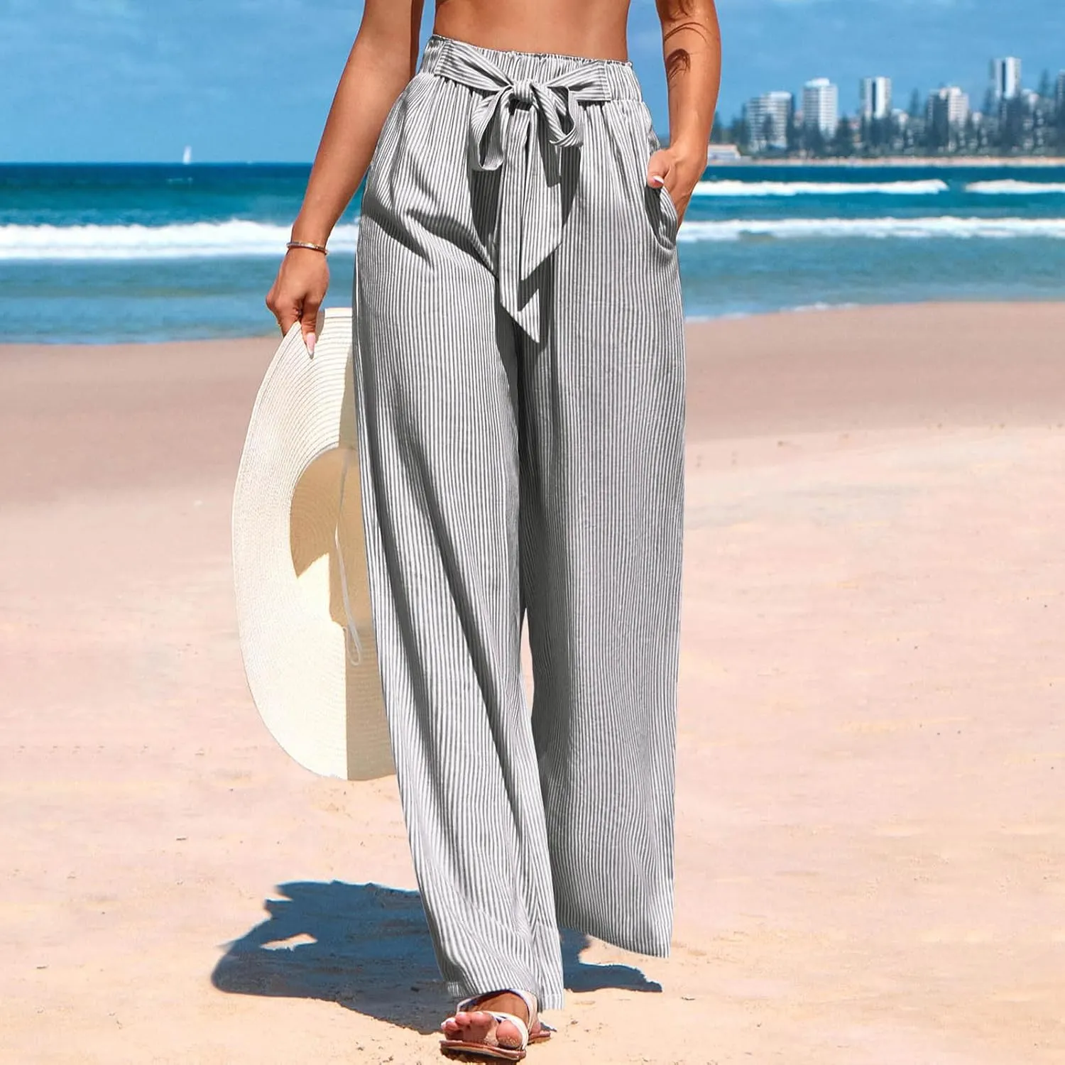 High Waisted Palazzo Pants for Women Wide Leg Paperbag Pant Casual Summer Flowy Lounge Trousers Beach Boho Outfits