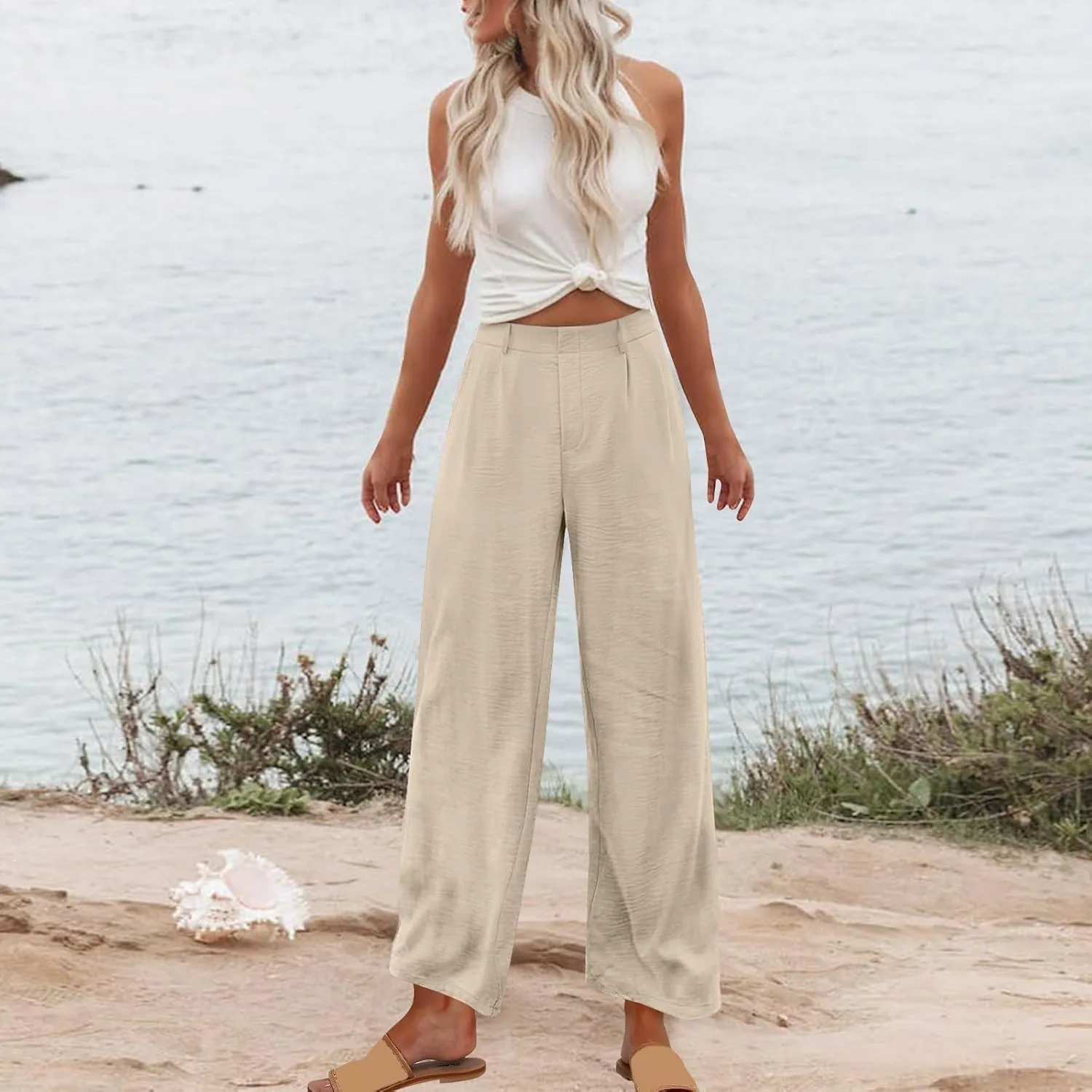 hlysgo Women's Palazzo Pants 2025 Summer Casual Vacation High Waist Wide Leg Beach Trousers Trendy Lounge Pants with Pockets