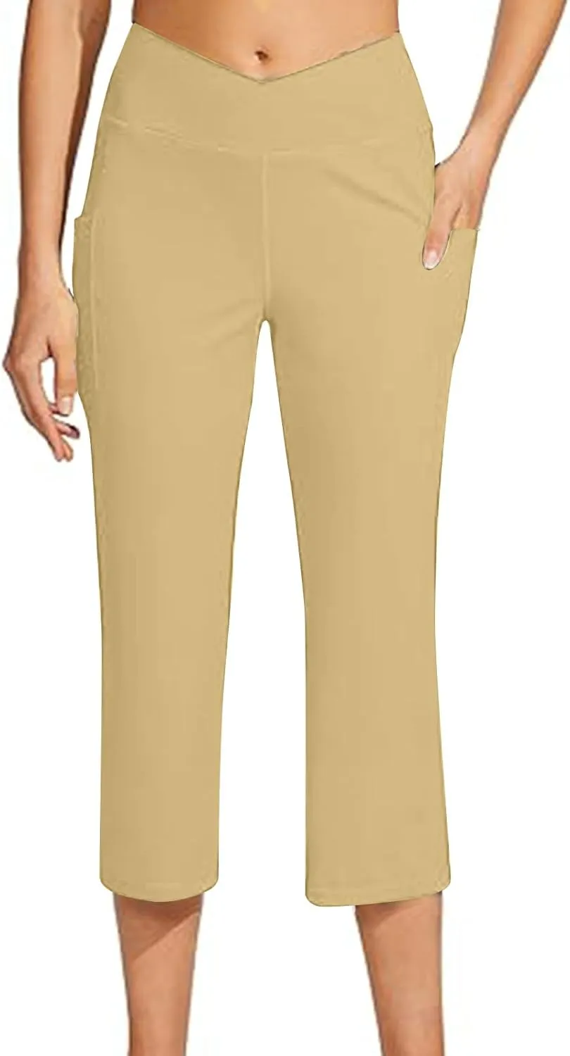 hlysgo Women's Yoga Capris Pants High Waist Leggings Crossover Straight Leg Crop Trousers Summer Workout Capris with Pockets