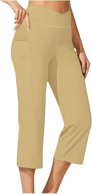 hlysgo Women's Yoga Capris Pants High Waist Leggings Crossover Straight Leg Crop Trousers Summer Workout Capris with Pockets