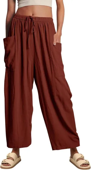 HOTIAN Women Wide Leg Pants Summer Casual Beach Loose Fit Drawstring Palazzo Harem Pant with Pockets
