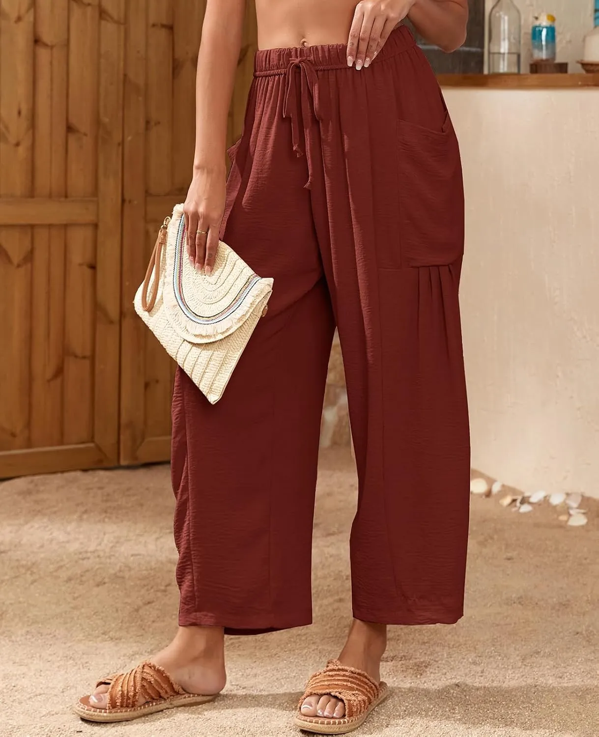 HOTIAN Women Wide Leg Pants Summer Casual Beach Loose Fit Drawstring Palazzo Harem Pant with Pockets