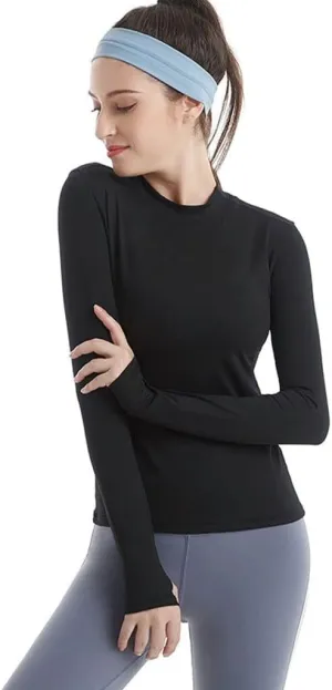 HSQMA Yoga Shirt for Women,Long Sleeve Workout Shirts,Elastic Quick Dry Small Stand Collar Long Sleeve Thumb Hole T-Shirt (Color : Black/, Size : L/)