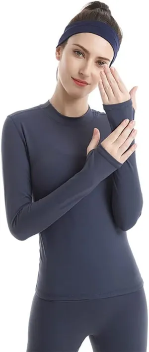 HSQMA Yoga Shirt for Women,Long Sleeve Workout Shirts,Elastic Quick Dry Small Stand Collar Long Sleeve Thumb Hole T-Shirt (Color : Blue/, Size : M/)