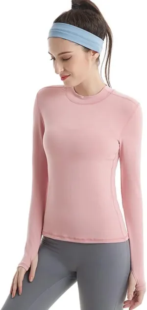 HSQMA Yoga Shirt for Women,Long Sleeve Workout Shirts,Elastic Quick Dry Small Stand Collar Long Sleeve Thumb Hole T-Shirt (Color : Pink, Size : L/)