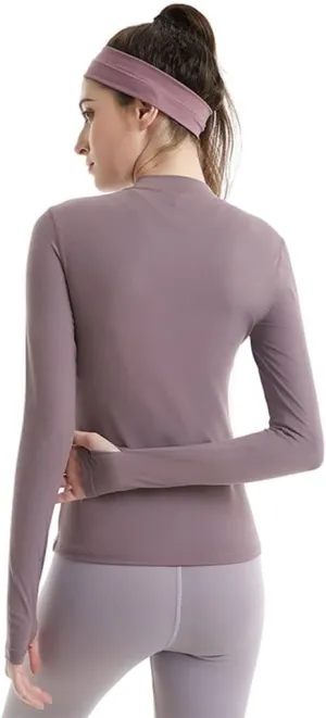 HSQMA Yoga Shirt for Women,Long Sleeve Workout Shirts,Elastic Quick Dry Small Stand Collar Long Sleeve Thumb Hole T-Shirt (Color : Purple, Size : S/)