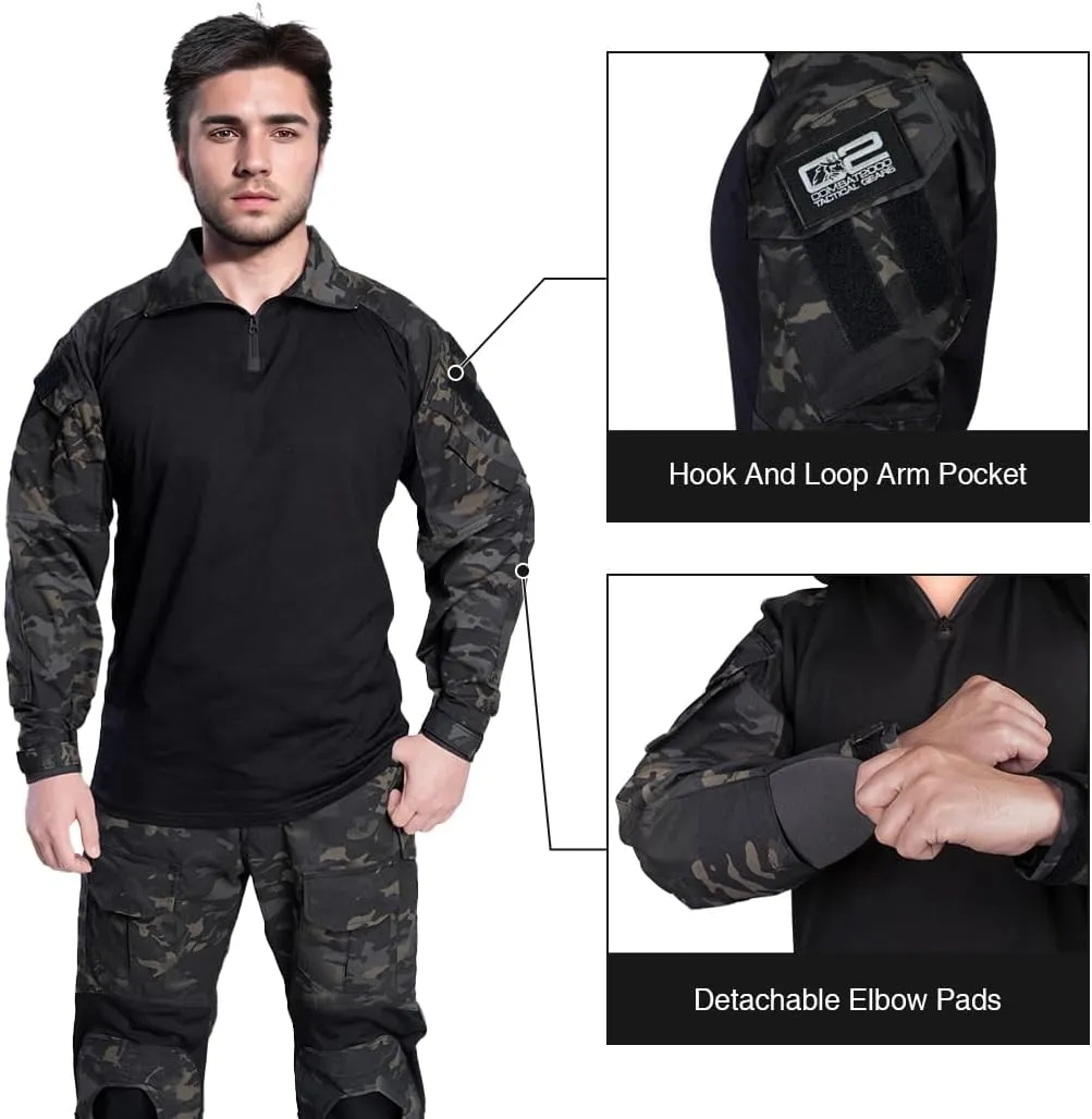 IDOGEAR SPORTS G3 Combat Shirts Mens Tactical Shirt with Elbow Pads 1/4 Zipper Collar Long Sleeves Top Military Clothing