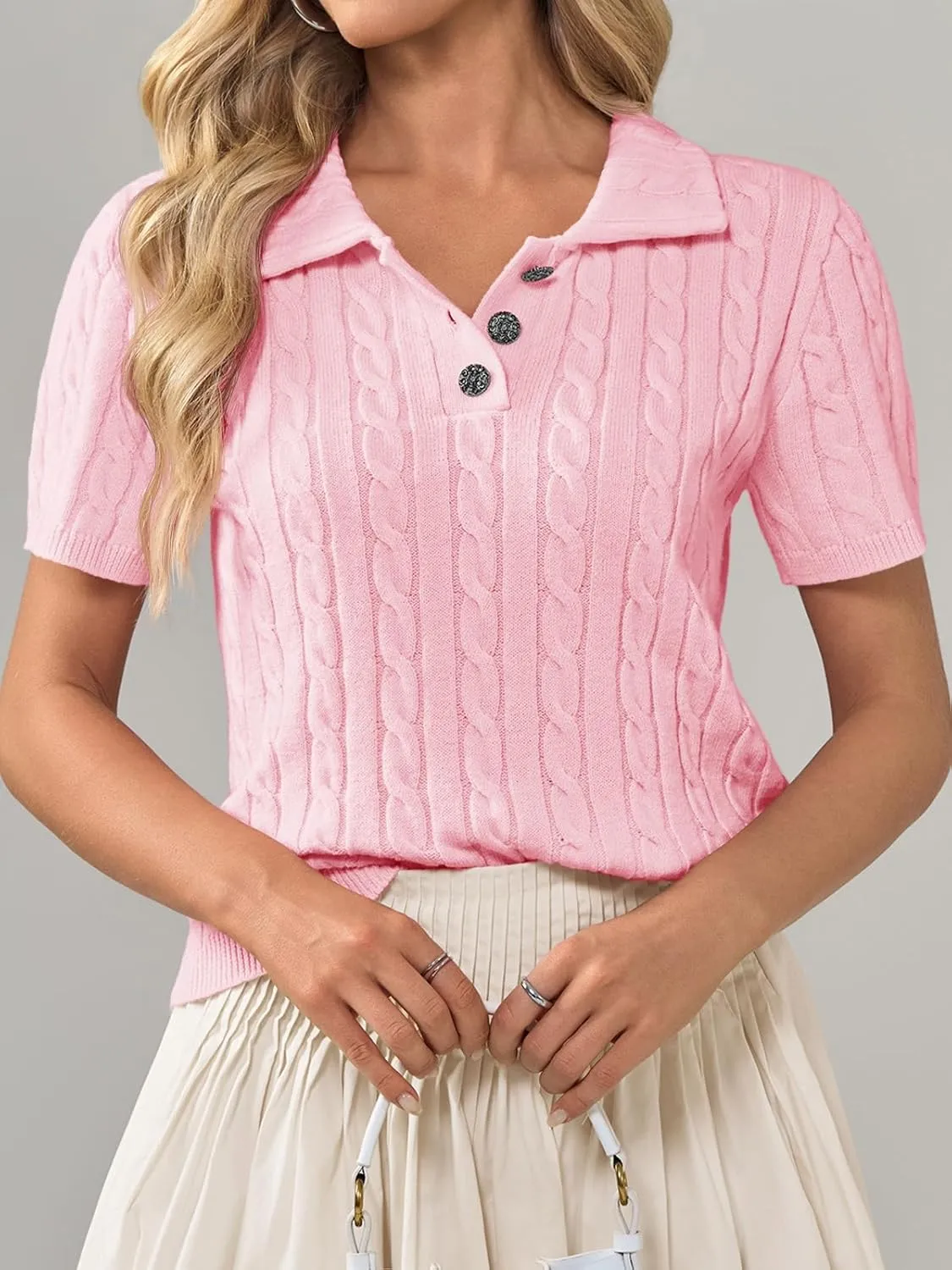 Imily Bela Womens Short Sleeve Sweater Business Casual Polo V Neck Shirts Lightweight Cable Knit Pullover Summer Tops