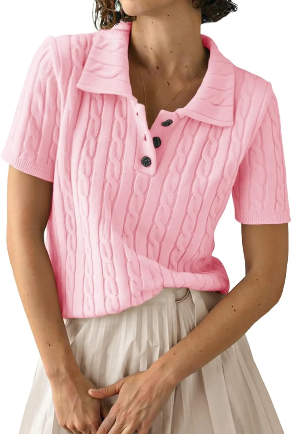 Imily Bela Womens Short Sleeve Sweater Business Casual Polo V Neck Shirts Lightweight Cable Knit Pullover Summer Tops