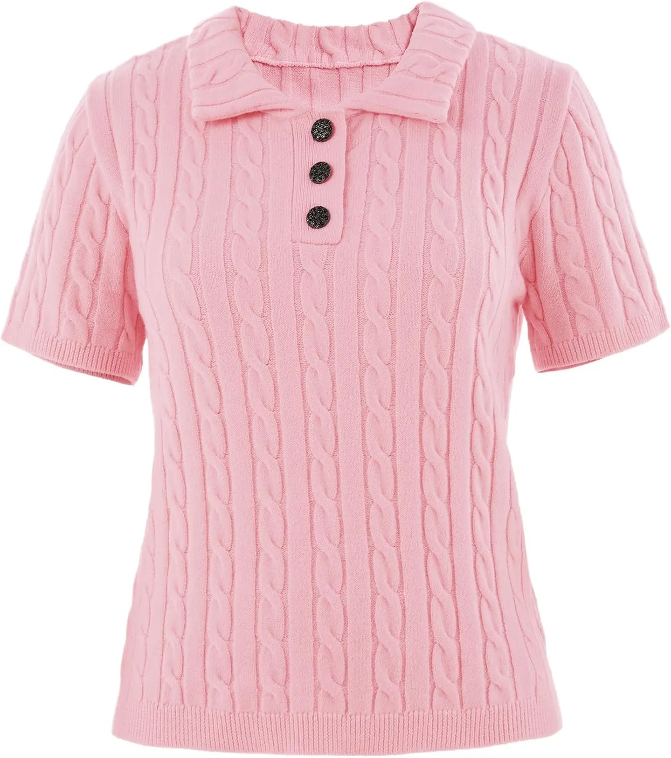 Imily Bela Womens Short Sleeve Sweater Business Casual Polo V Neck Shirts Lightweight Cable Knit Pullover Summer Tops