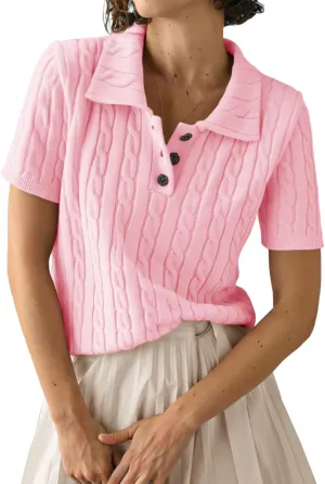 Imily Bela Womens Short Sleeve Sweater Business Casual Polo V Neck Shirts Lightweight Cable Knit Pullover Summer Tops
