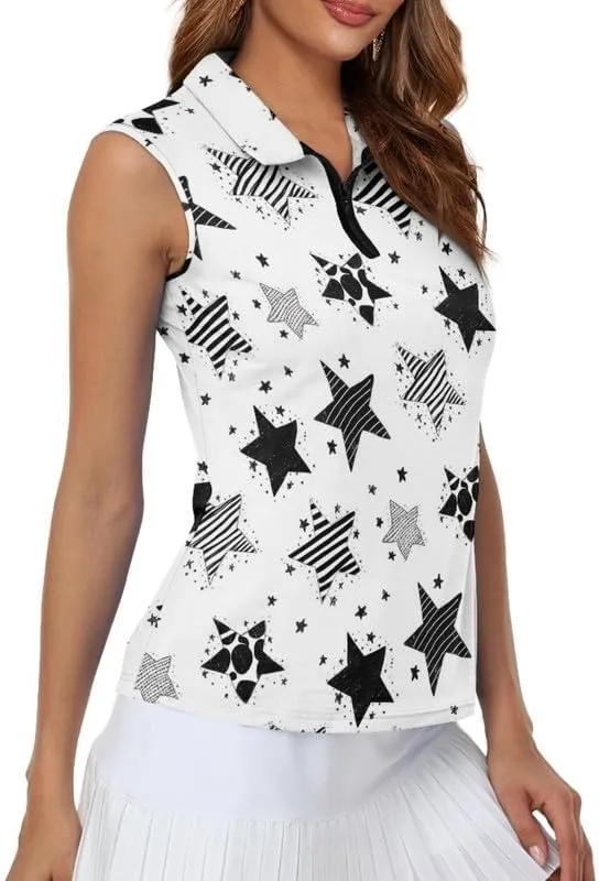 Irisjudy Leopard Print Women Golf Polo Shirts Boho Skull Floral Sleeveless Golf Tank Tops Moisture Wicking Tennis Polo Shirt