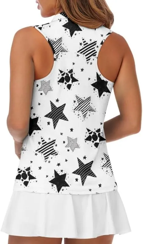Irisjudy Leopard Print Women Golf Polo Shirts Boho Skull Floral Sleeveless Golf Tank Tops Moisture Wicking Tennis Polo Shirt