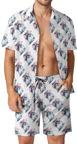 Jar with Bow Mens Swimsuit 2 Pieces Set Quick Dry Shorts Shirts Summer Button Down Short Sleeve Set