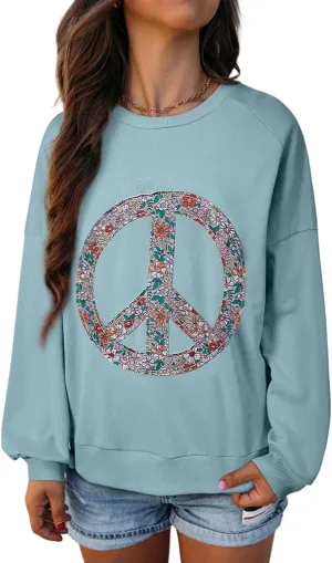 KevaMolly Womens Long Sleeve Tops Floral Peace Symbol Drop Shoulder Sweatshirt Crewneck Casual Pullover Top