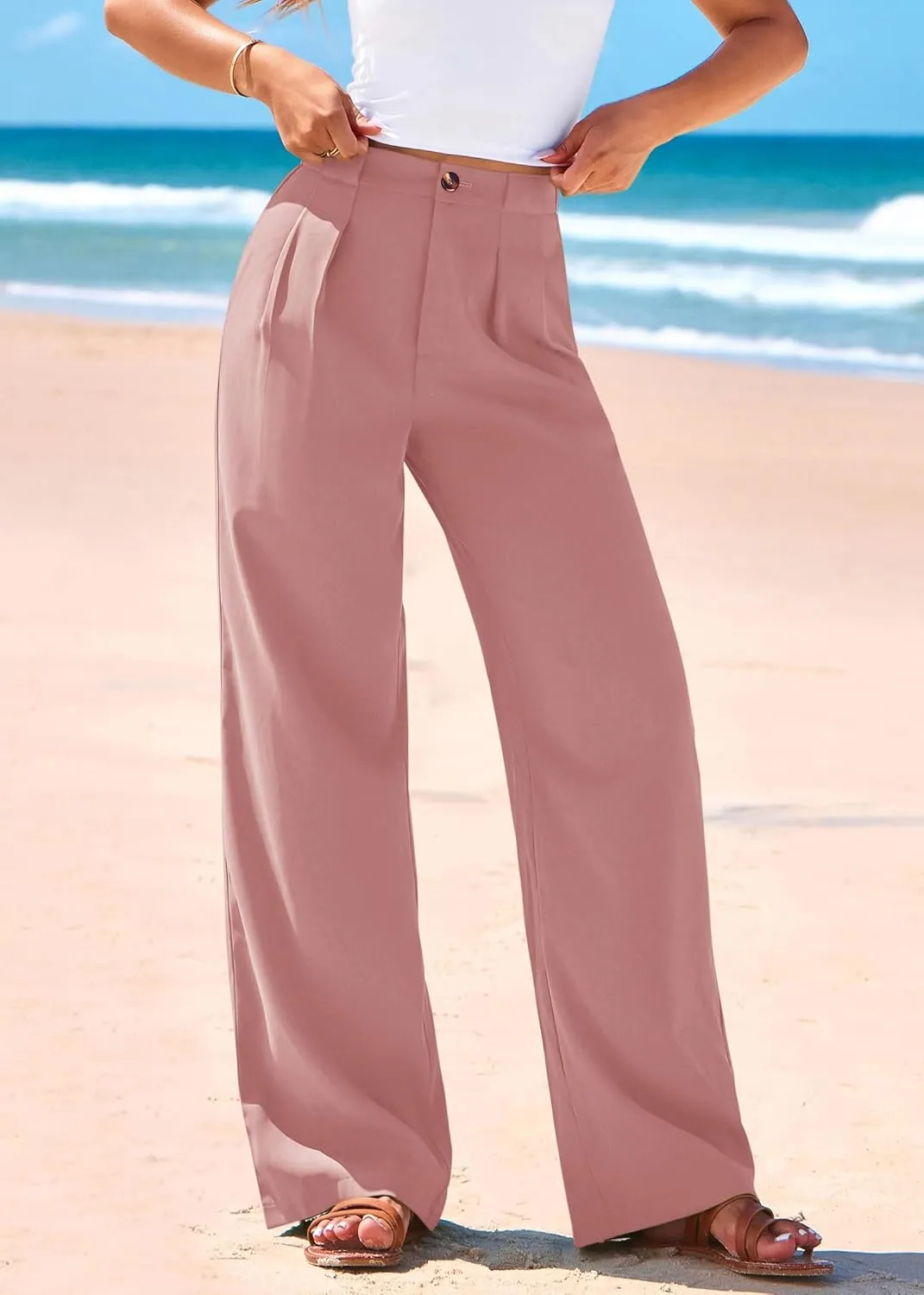 KIRUNDO Wide Leg Dress Pants for Women High Waisted Office Work Trousers Business Casual Slacks Button Flowy Palazzo Pant