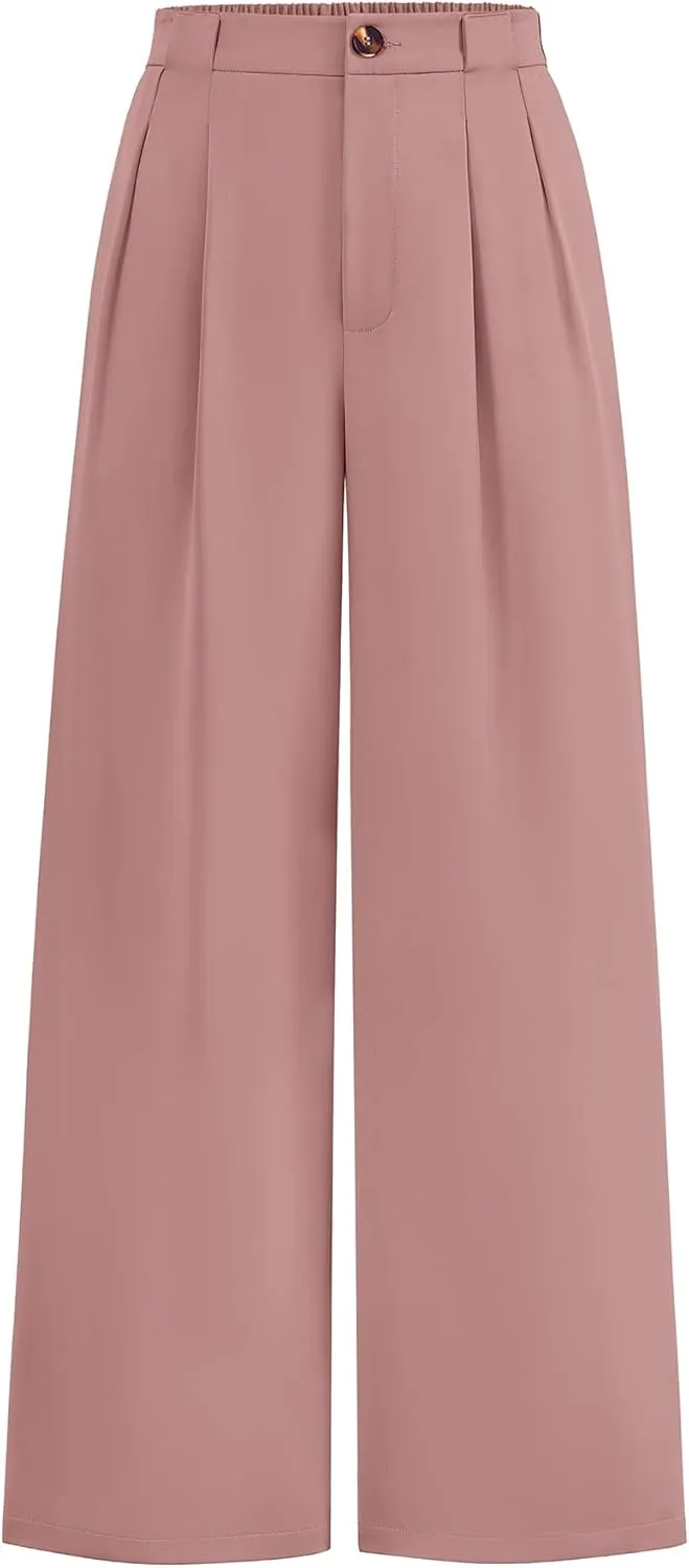 KIRUNDO Wide Leg Dress Pants for Women High Waisted Office Work Trousers Business Casual Slacks Button Flowy Palazzo Pant