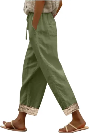 Lastesso Linen Pants Women Casual High Waist Cotton Summer Comfy Slacks Lightweight Vacation Hawaii Trousers with Pockets