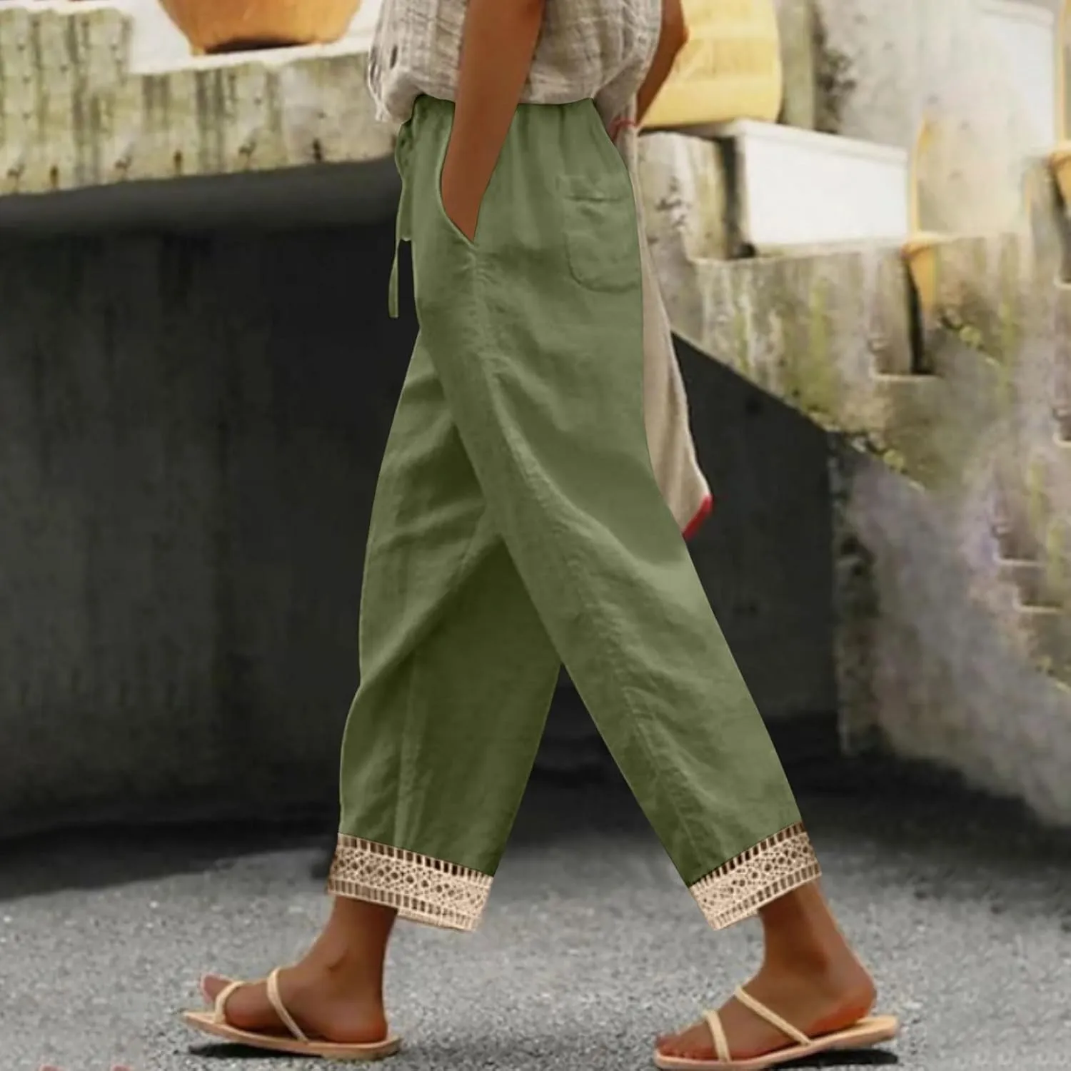 Lastesso Linen Pants Women Casual High Waist Cotton Summer Comfy Slacks Lightweight Vacation Hawaii Trousers with Pockets