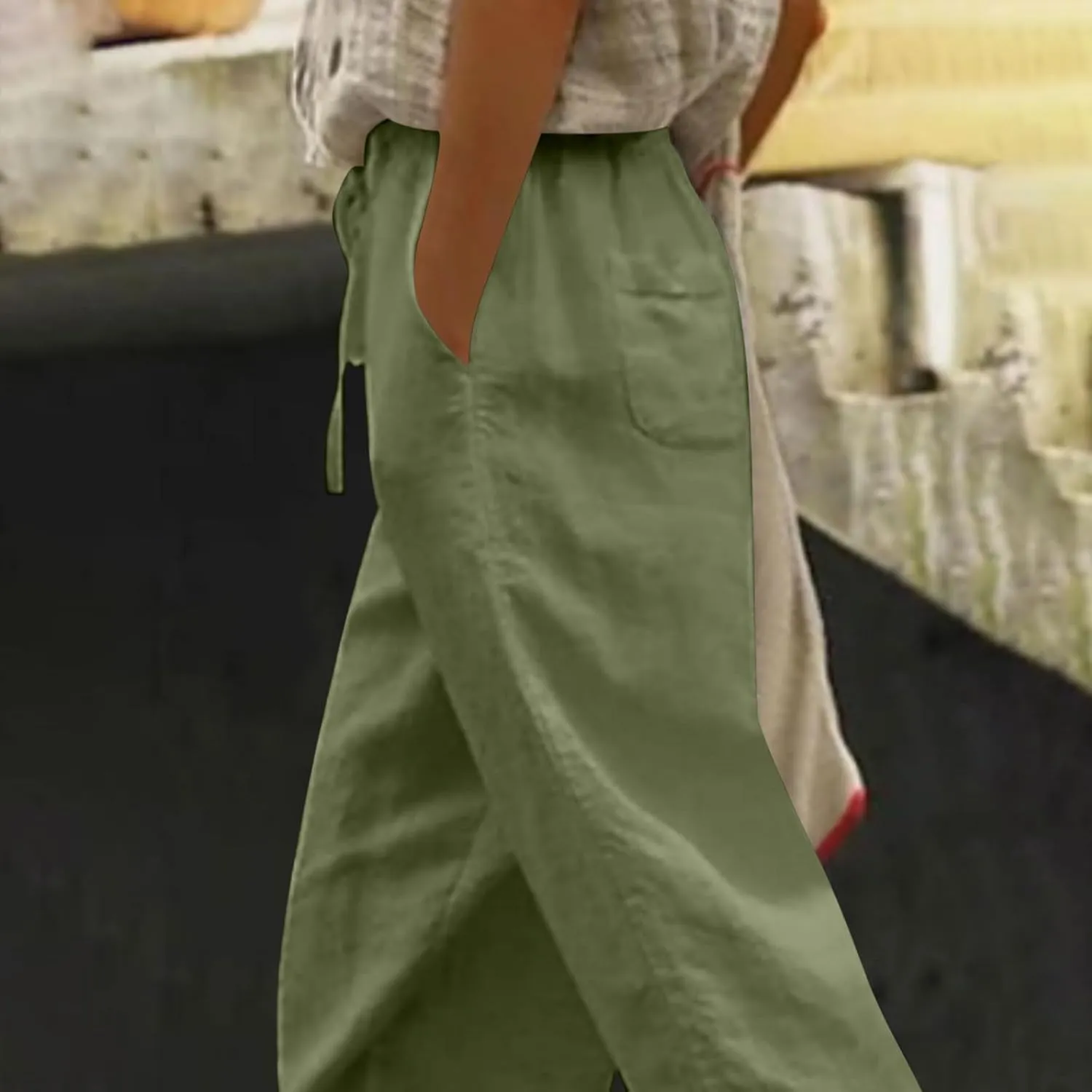 Lastesso Linen Pants Women Casual High Waist Cotton Summer Comfy Slacks Lightweight Vacation Hawaii Trousers with Pockets