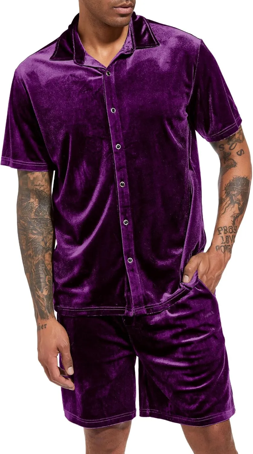 LecGee Men Summer Casual Short Sets Velvet Short Sleeve Button Down Shirt Elastic Waist Shorts 2 Piece Outfits Tracksuit