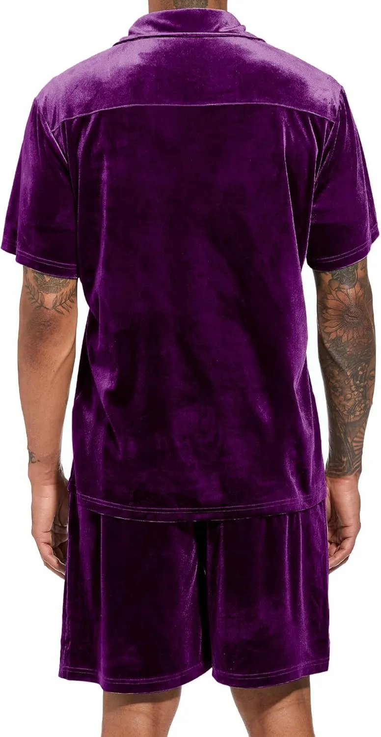 LecGee Men Summer Casual Short Sets Velvet Short Sleeve Button Down Shirt Elastic Waist Shorts 2 Piece Outfits Tracksuit