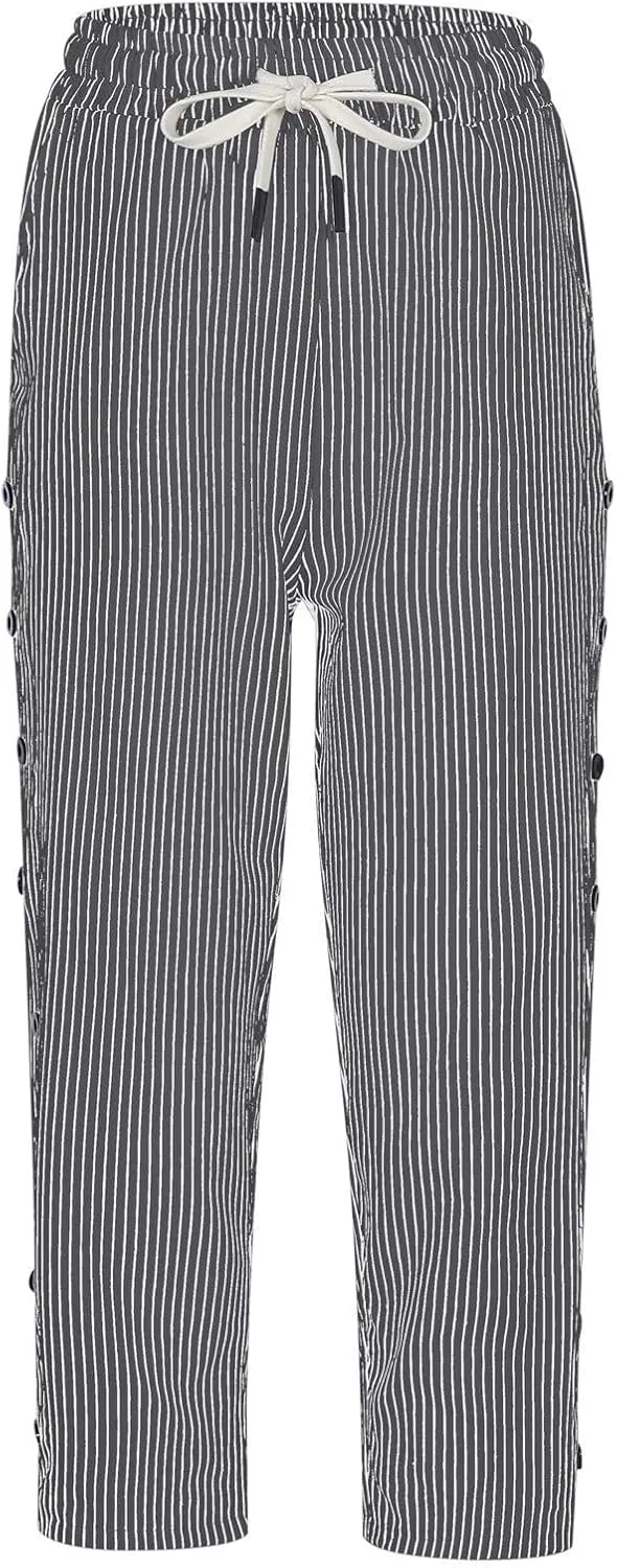 Linen Capri Pants for Women Casual Summer Lightweight Capris High Waist Drawstring Cropped Pants Side Button Trousers