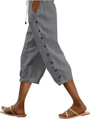 Linen Capri Pants for Women Casual Summer Lightweight Capris High Waist Drawstring Cropped Pants Side Button Trousers