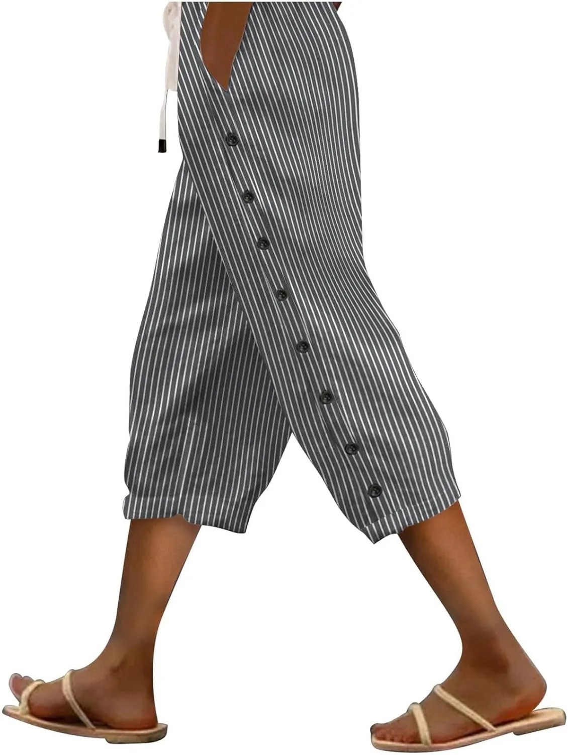 Linen Capri Pants for Women Casual Summer Lightweight Capris High Waist Drawstring Cropped Pants Side Button Trousers