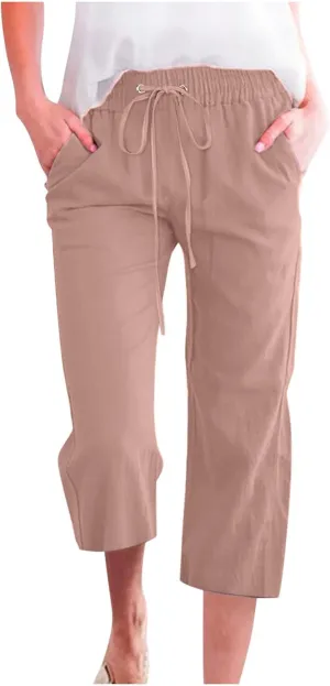 Linen Capris Pants for Women Casual Summer Cotton Linen Pants Drawstring Straight Leg Beach Cropped Pants 2025