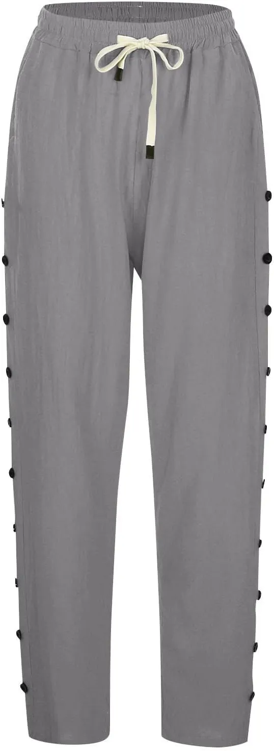 Linen Crop Pants for Women Summer Casual Drawstring Waist Baggy Pants Side Button Down Straight Trousers with Pockets
