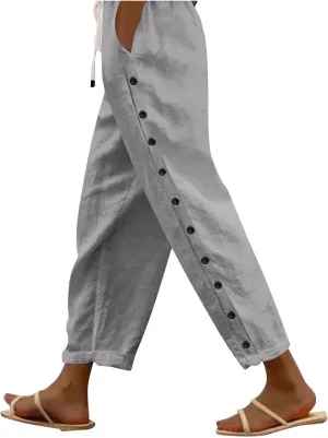 Linen Crop Pants for Women Summer Casual Drawstring Waist Baggy Pants Side Button Down Straight Trousers with Pockets