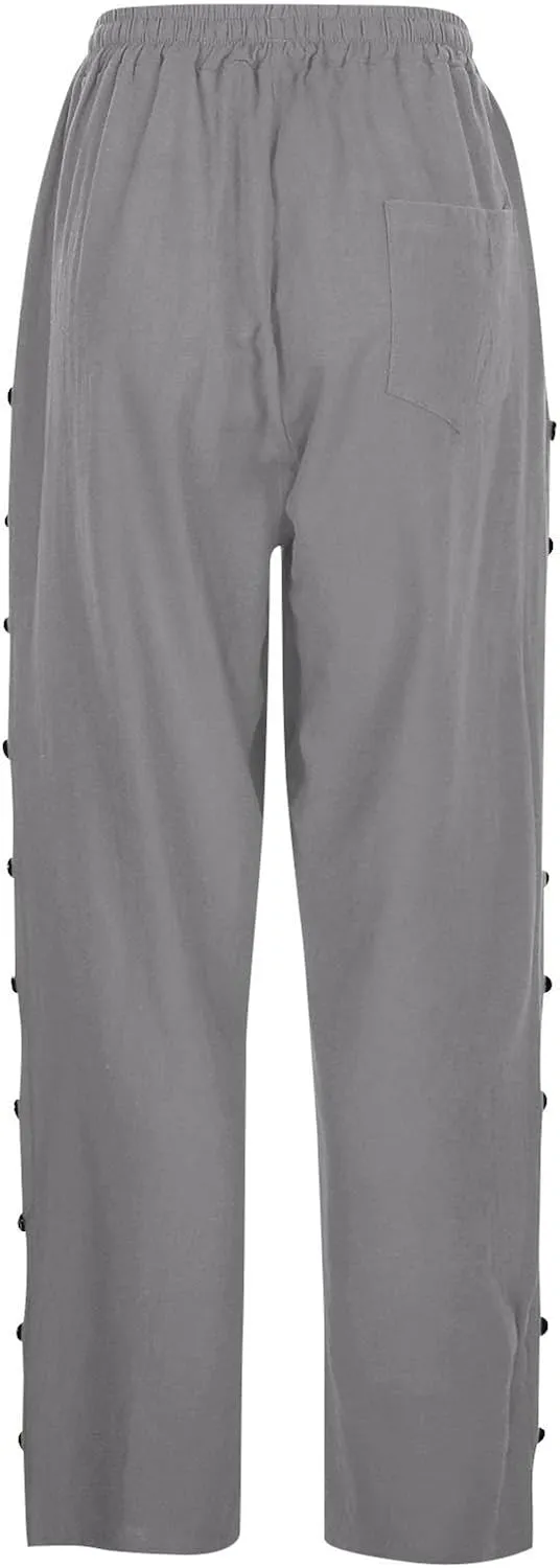 Linen Crop Pants for Women Summer Casual Drawstring Waist Baggy Pants Side Button Down Straight Trousers with Pockets