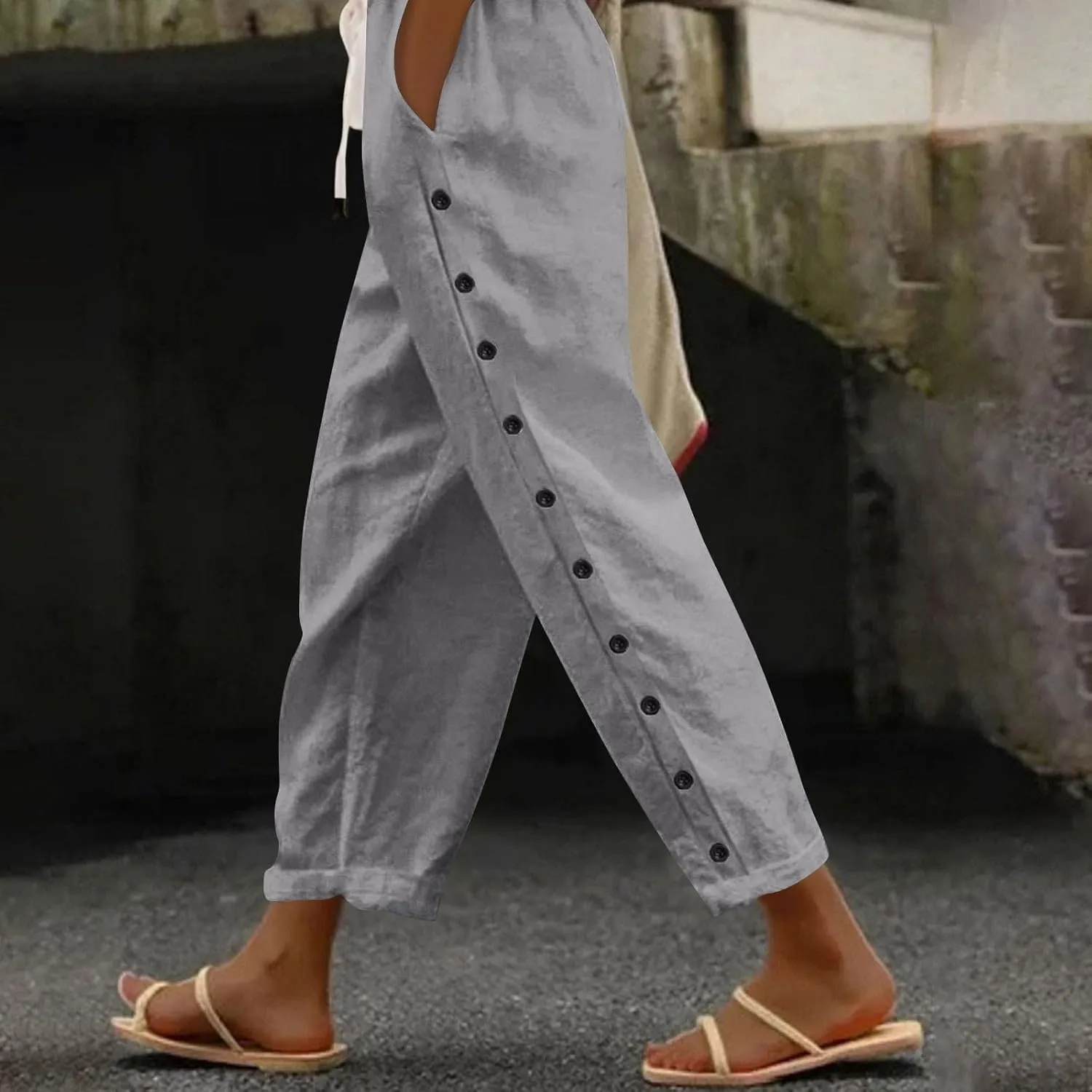 Linen Crop Pants for Women Summer Casual Drawstring Waist Baggy Pants Side Button Down Straight Trousers with Pockets