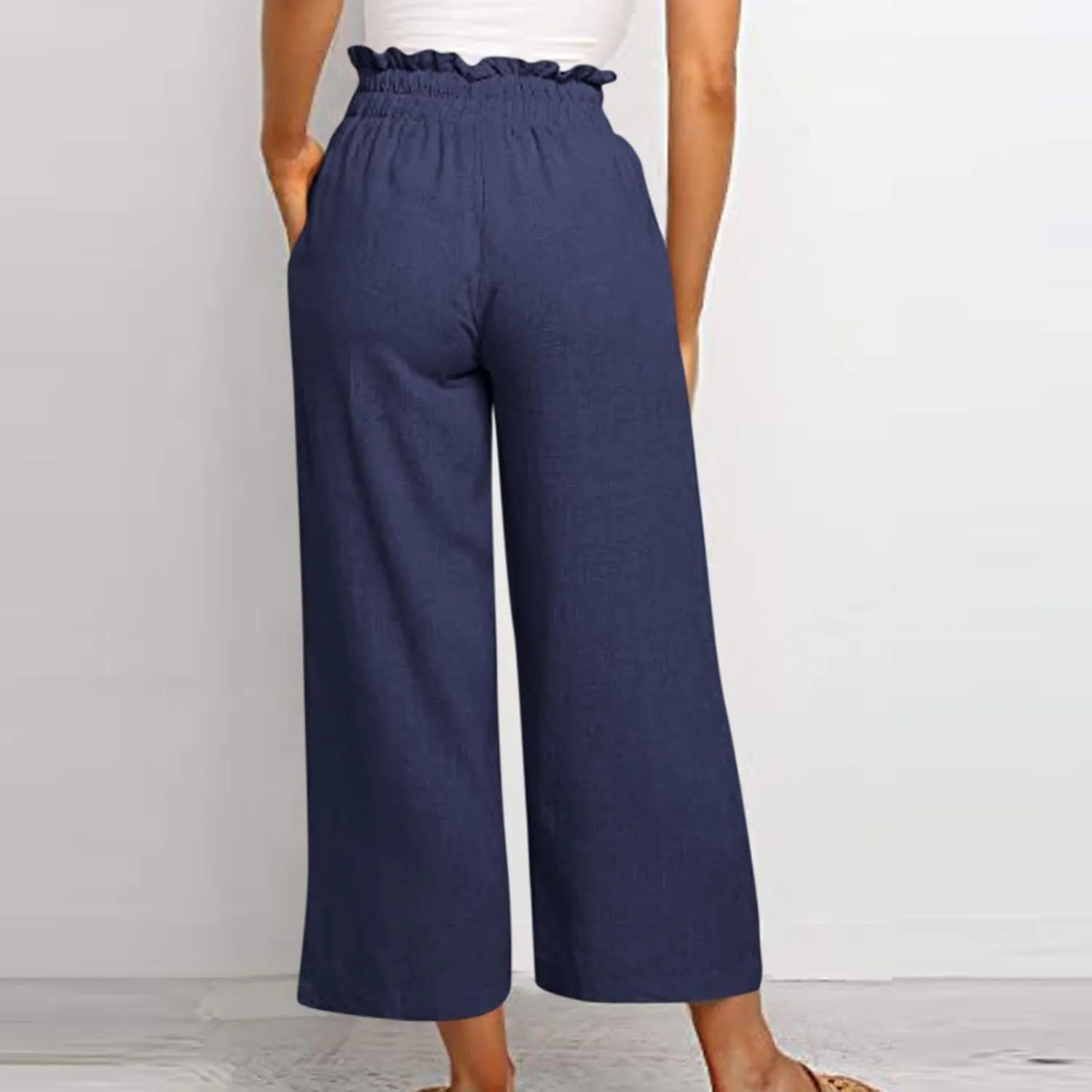 Linen Cropped Pants Women Drawstring High Waisted Boho Wide Leg Pants Summer Loose Paperbag Beach Pants with Pockets