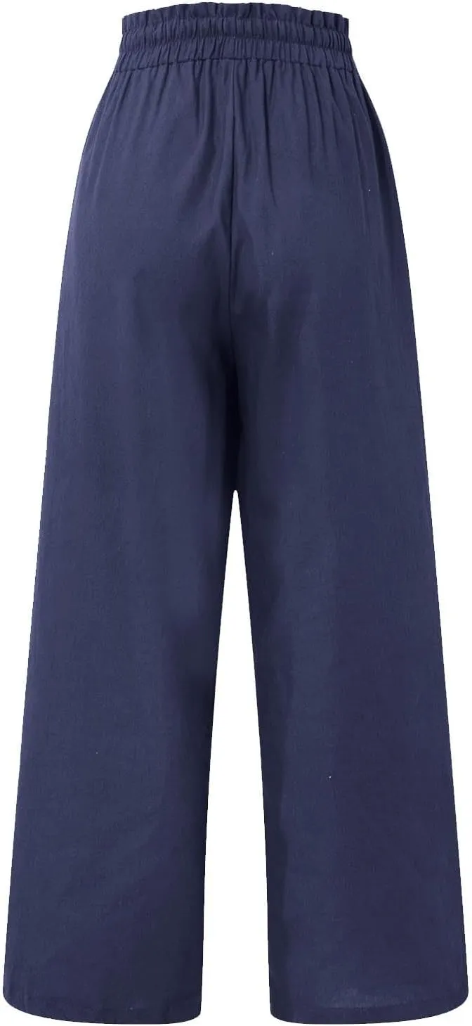 Linen Cropped Pants Women Drawstring High Waisted Boho Wide Leg Pants Summer Loose Paperbag Beach Pants with Pockets