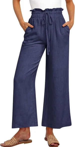 Linen Cropped Pants Women Drawstring High Waisted Boho Wide Leg Pants Summer Loose Paperbag Beach Pants with Pockets