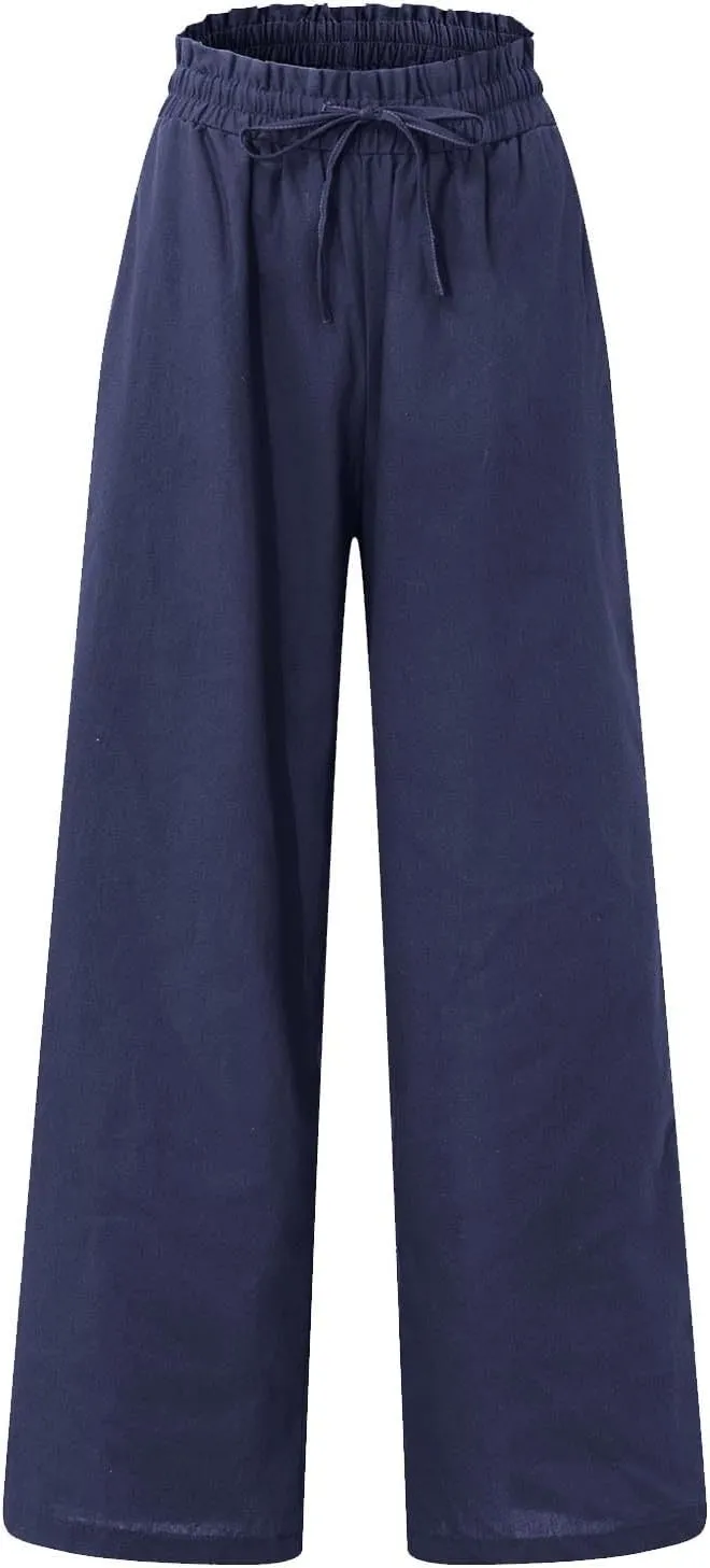 Linen Cropped Pants Women Drawstring High Waisted Boho Wide Leg Pants Summer Loose Paperbag Beach Pants with Pockets