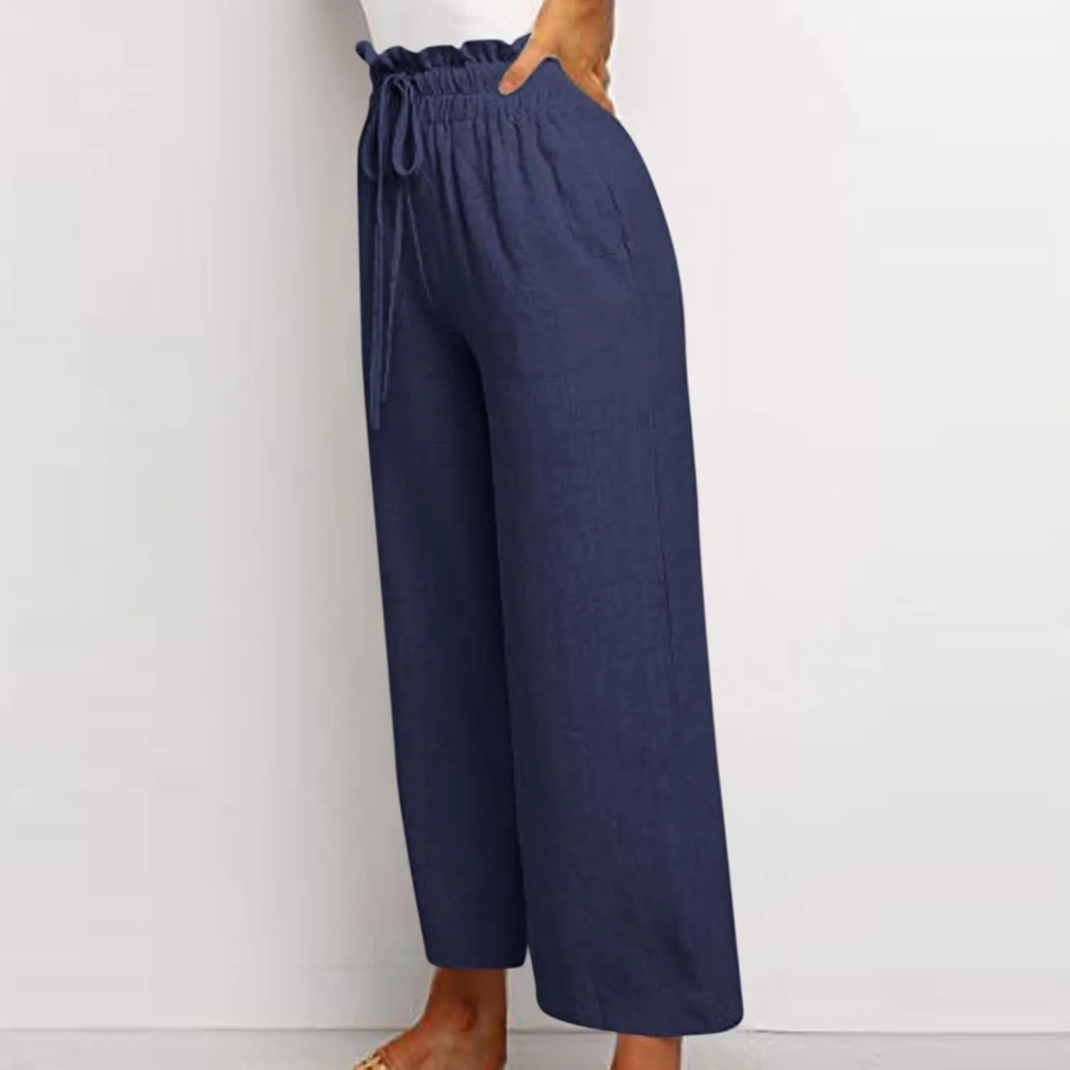 Linen Cropped Pants Women Drawstring High Waisted Boho Wide Leg Pants Summer Loose Paperbag Beach Pants with Pockets
