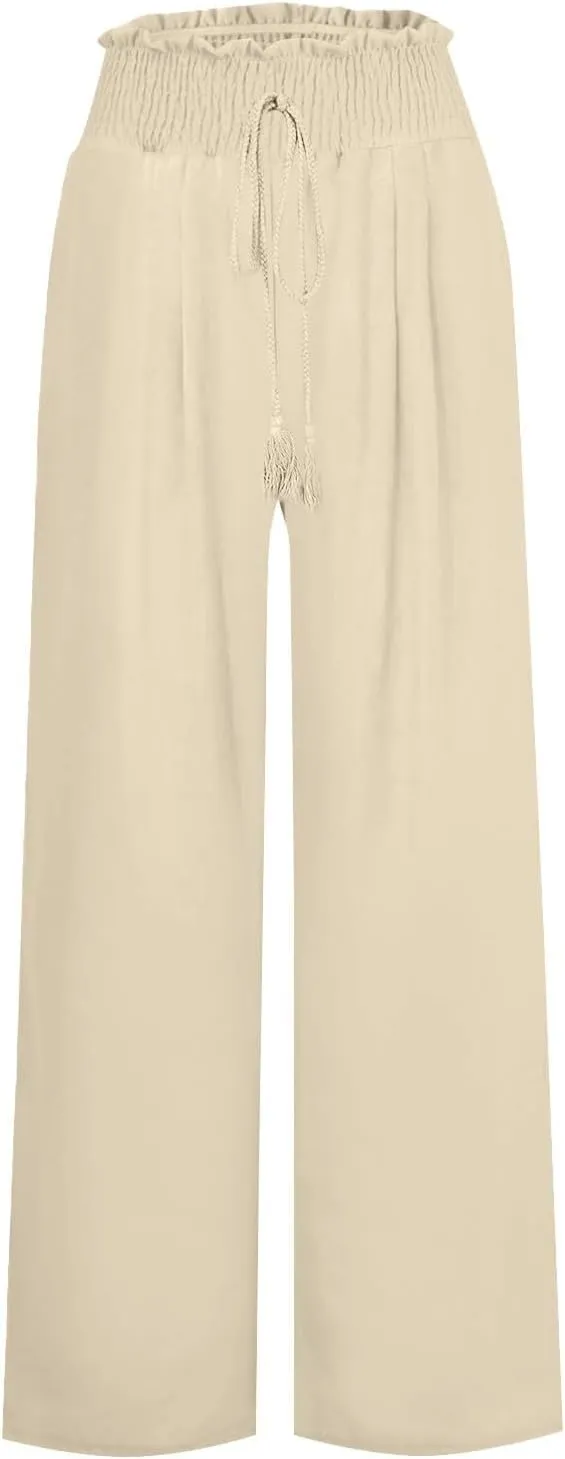 Linen Palazzo Pants Women Summer High Drawstring Waist Wide Leg Pants Linen Casual Beach Long Clothes with Pockets