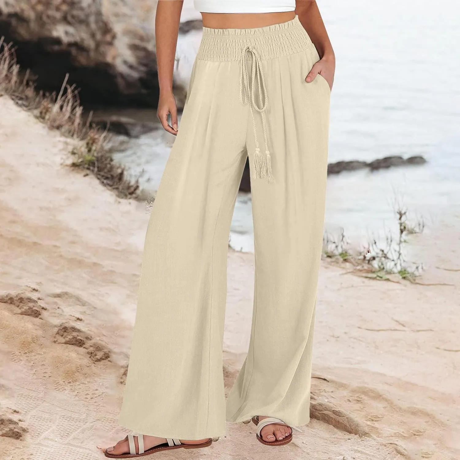 Linen Palazzo Pants Women Summer High Drawstring Waist Wide Leg Pants Linen Casual Beach Long Clothes with Pockets