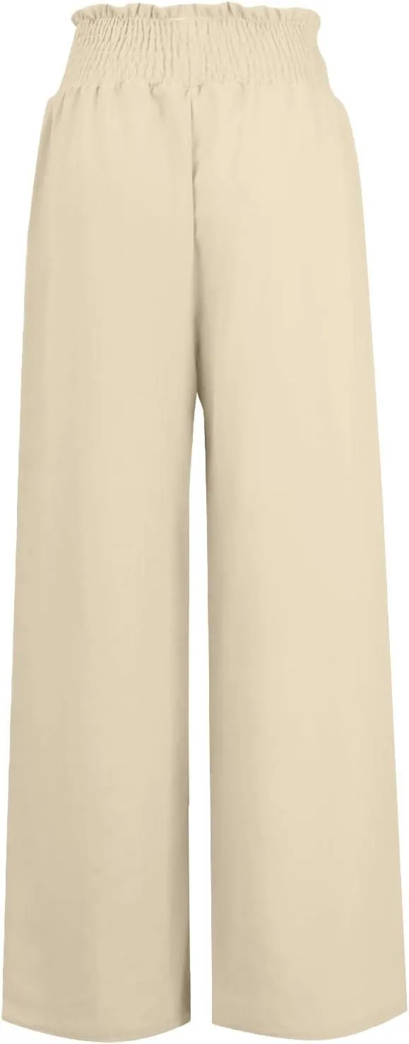 Linen Palazzo Pants Women Summer High Drawstring Waist Wide Leg Pants Linen Casual Beach Long Clothes with Pockets
