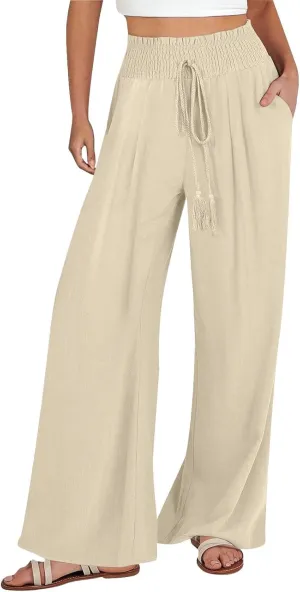 Linen Palazzo Pants Women Summer High Drawstring Waist Wide Leg Pants Linen Casual Beach Long Clothes with Pockets