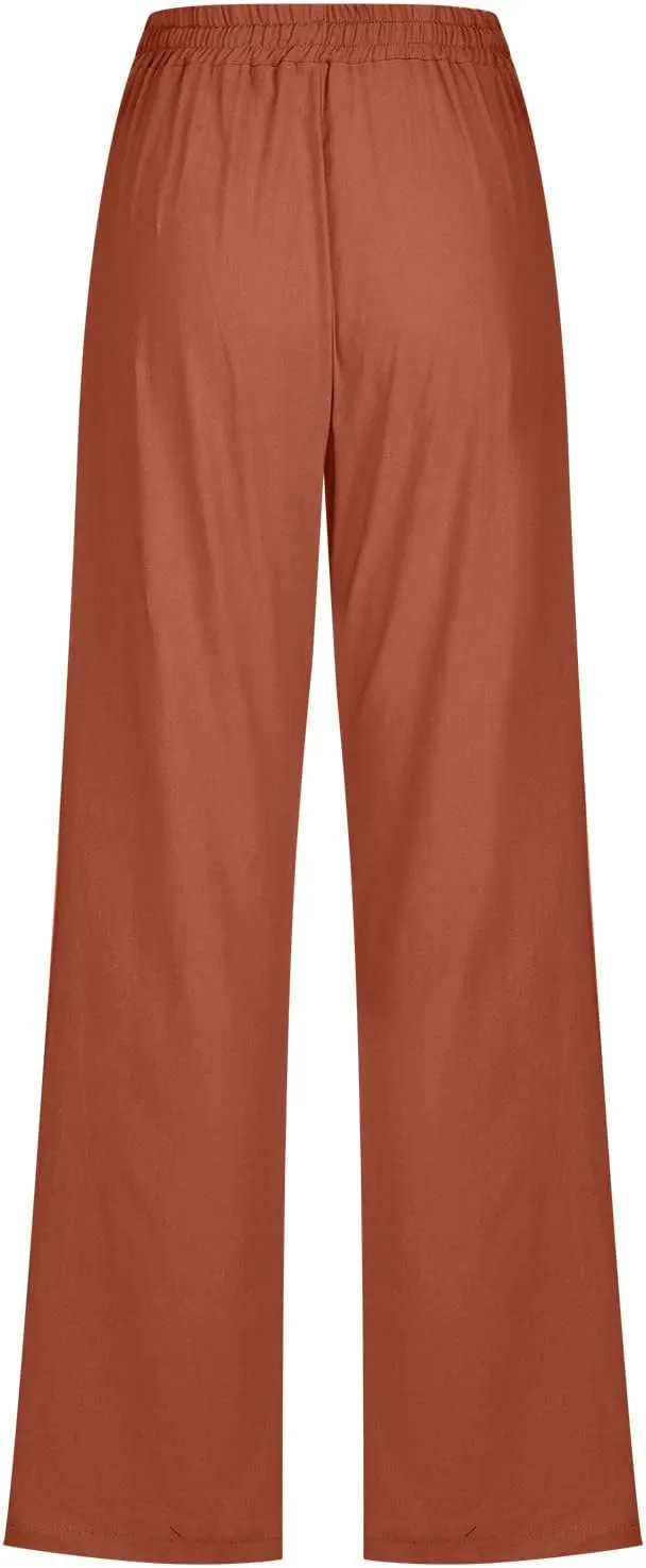 Linen Pants for Women 2024 Summer Casual Drawstring Elastic High Waist Pants Wide Leg Long Trouser with Pockets