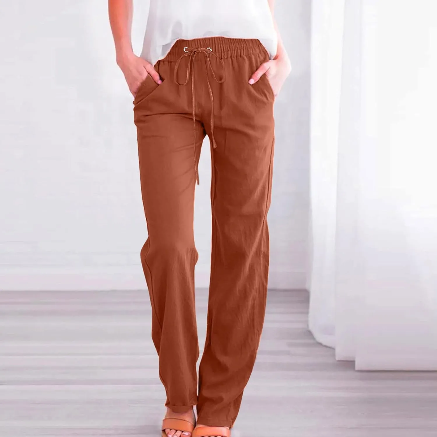 Linen Pants for Women 2024 Summer Casual Drawstring Elastic High Waist Pants Wide Leg Long Trouser with Pockets