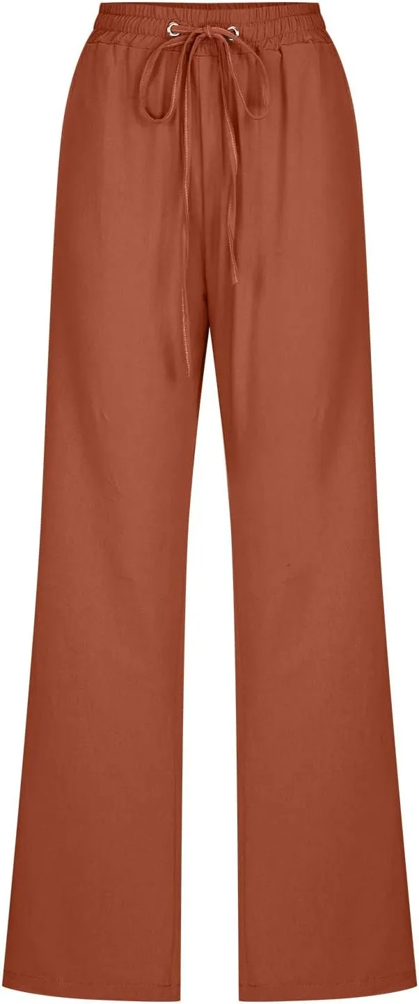 Linen Pants for Women 2024 Summer Casual Drawstring Elastic High Waist Pants Wide Leg Long Trouser with Pockets