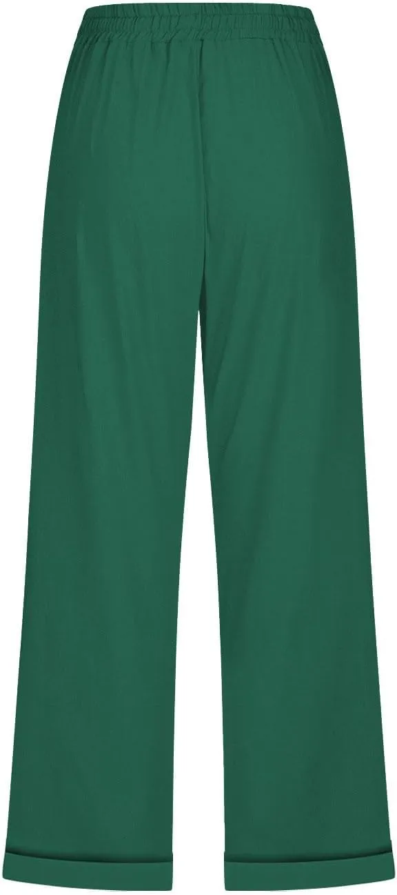 Linen Pants for Women 2025 Summer Casual Tie Knot Elastic High Waist Capri Pants Plus Size Wide Leg Lounge Capris