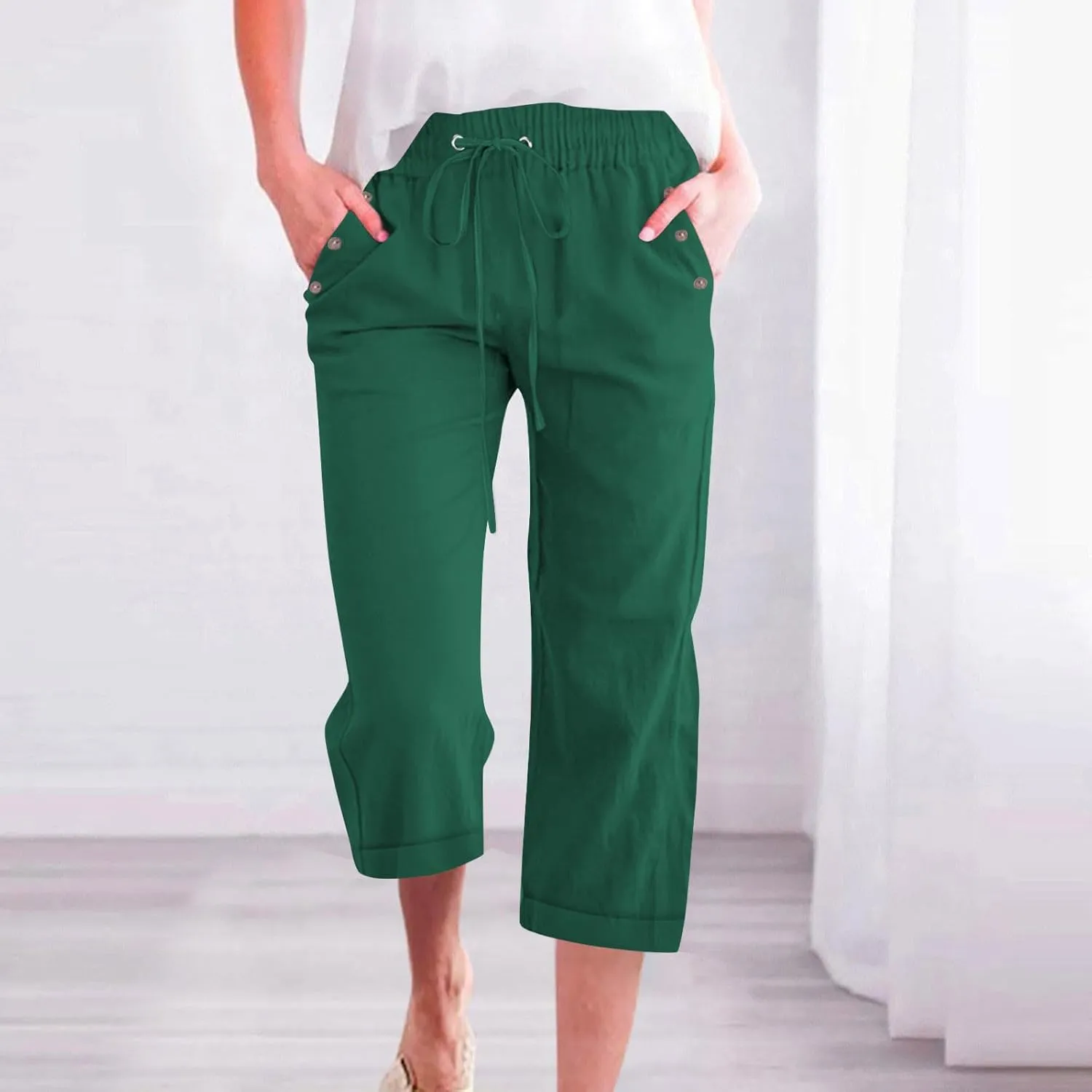 Linen Pants for Women 2025 Summer Casual Tie Knot Elastic High Waist Capri Pants Plus Size Wide Leg Lounge Capris